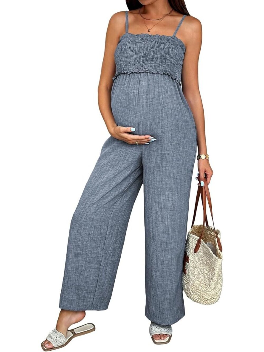 Women's Grey Blue Smocked Maternity Jumpsuit Loose Overalls Pockets Jumpsuits